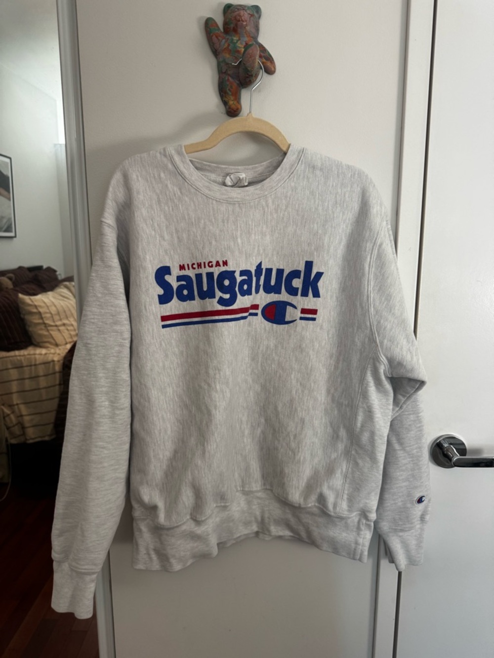 Champion Light Gray Saugatuck Michigan Crewneck with Blue & Red Graphic